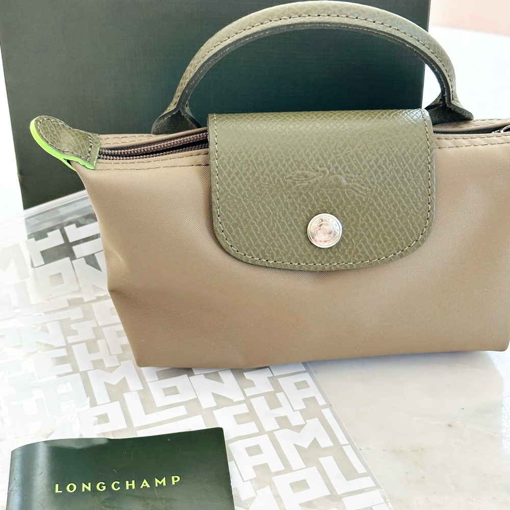 Longchamp Mini Top-Handle Bag in Olive Green with Lime Trim - Picture 2 of 5